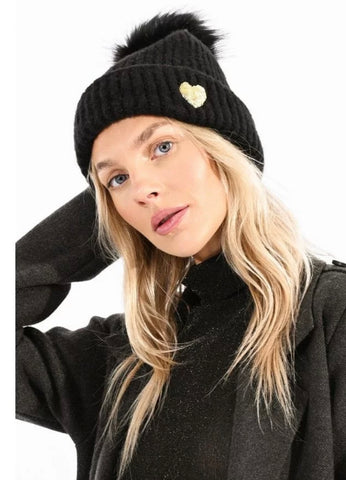 SEQUIN HEART AND POMPOM BEANIE- Black