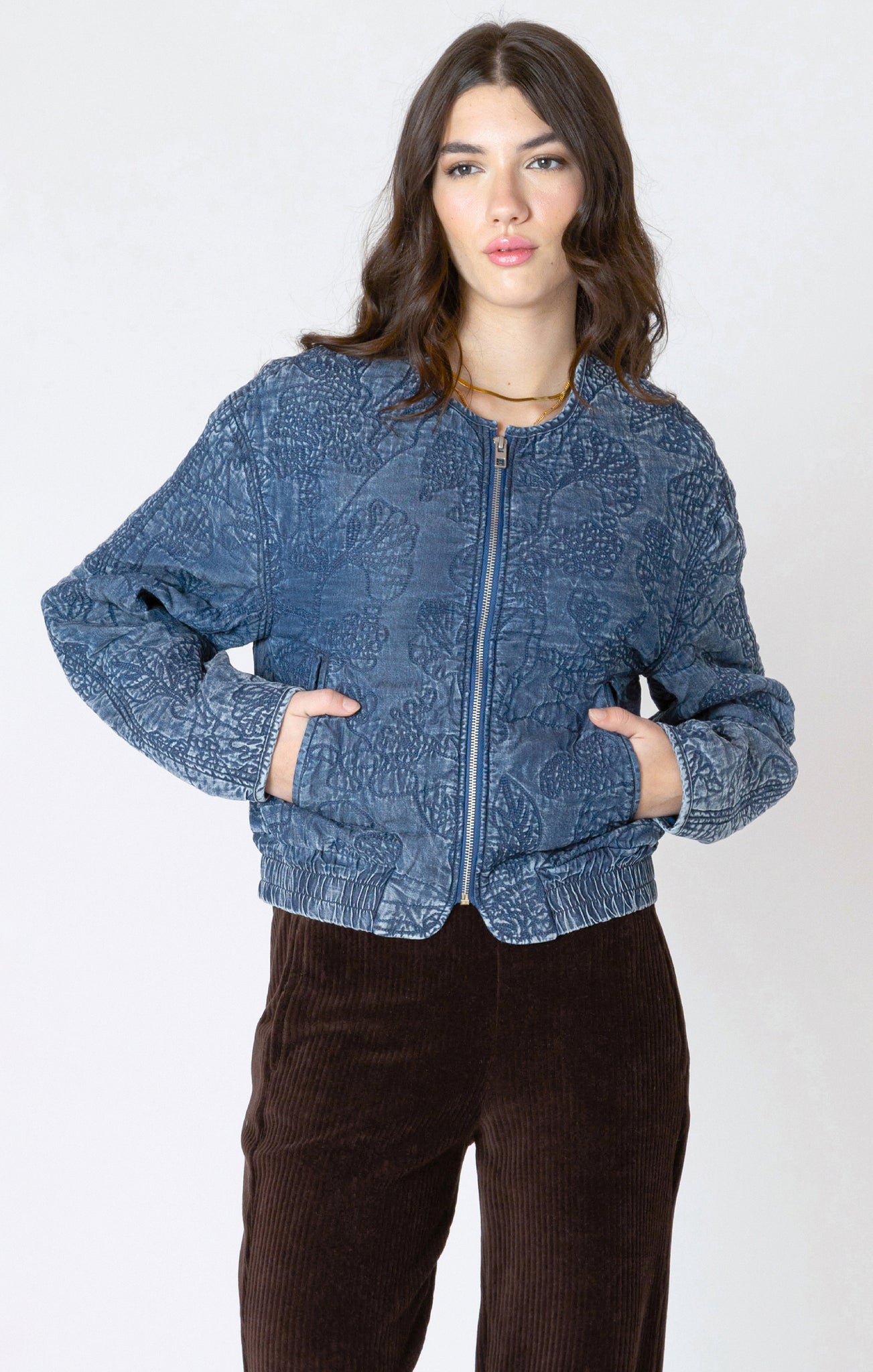 FINLEY FLORAL QUILTED BOMBER JACKET- washed indigo