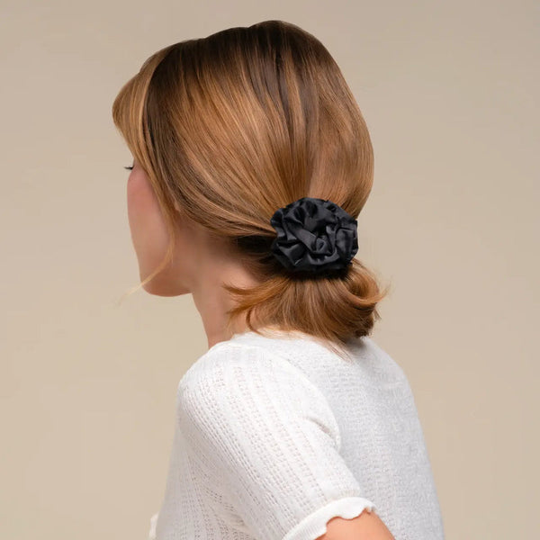 Rosette Ruched Satin Scrunchies 3 pc Set - Black