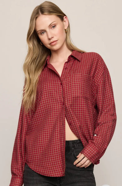 River Plaid Button Up - Red Dahlia