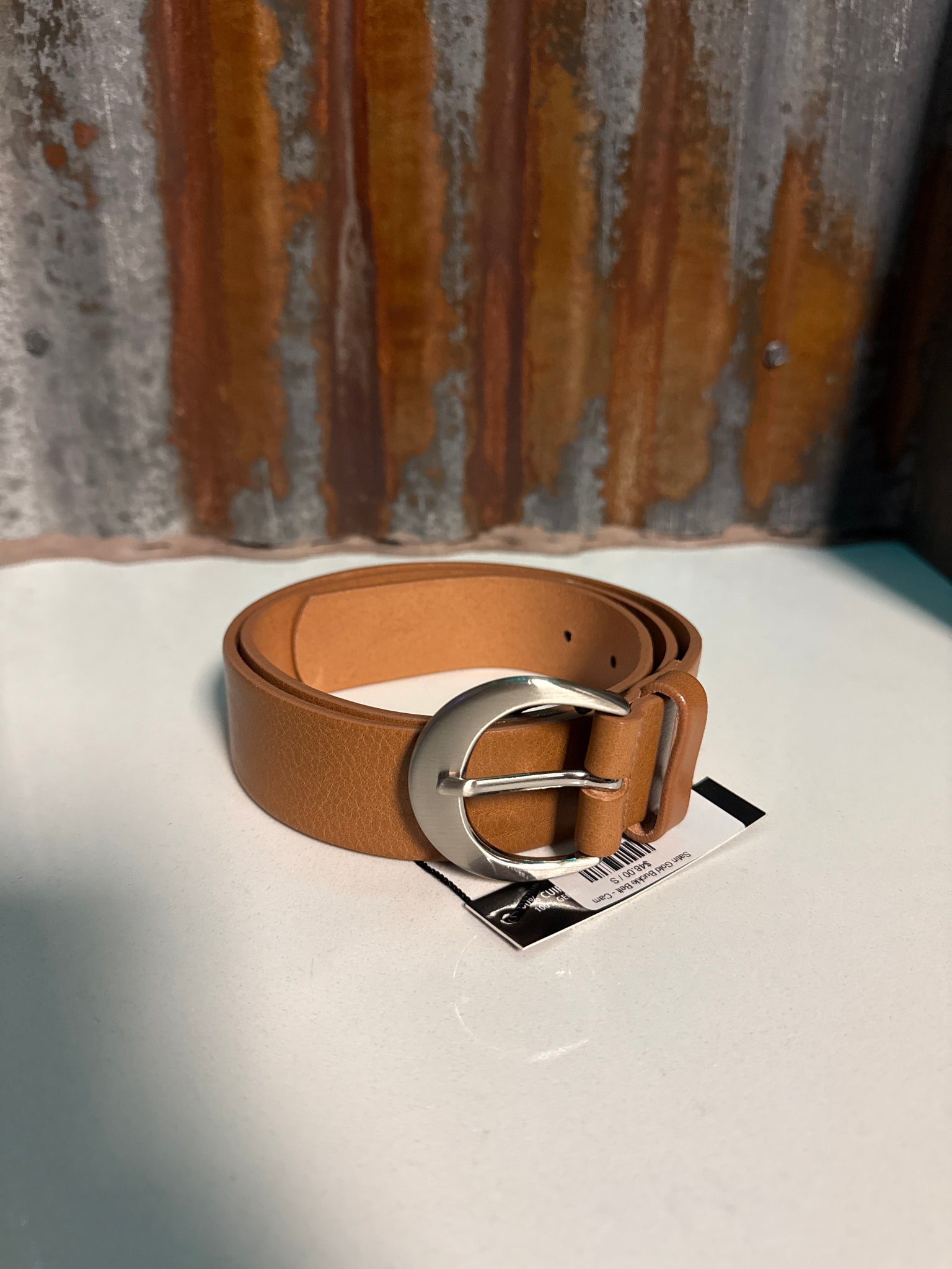 Satin Silver Buckle Belt - Camel