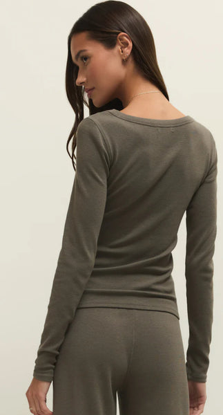 RENAE SLUB RIB LONG SLEEVE TOP- Khaki
