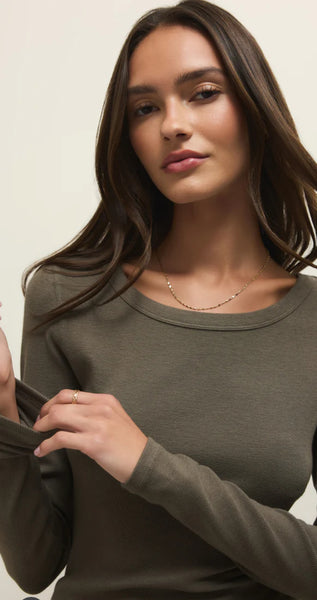 RENAE SLUB RIB LONG SLEEVE TOP- Khaki