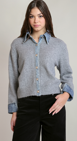 Lisa Denim Trim Cardigan - Grey