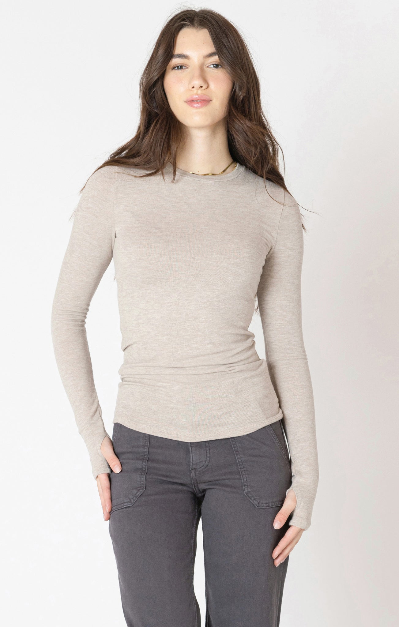 Bree BRUSHED CREWNECK TEE- Heather Taupe