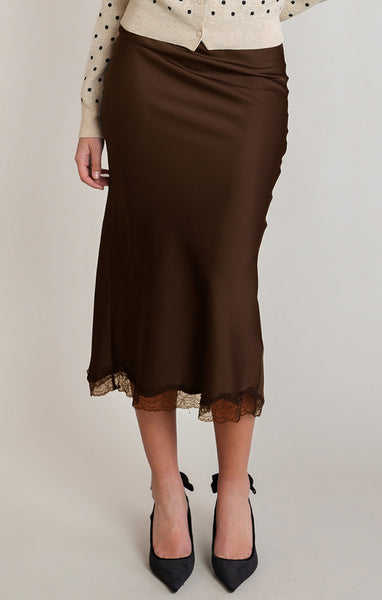 Sally Satin Lace Skirt - Chocolate