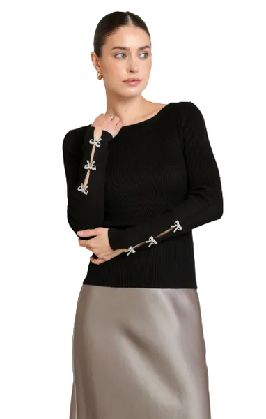 Charli Bow Rhinestone Sweater Top - Black