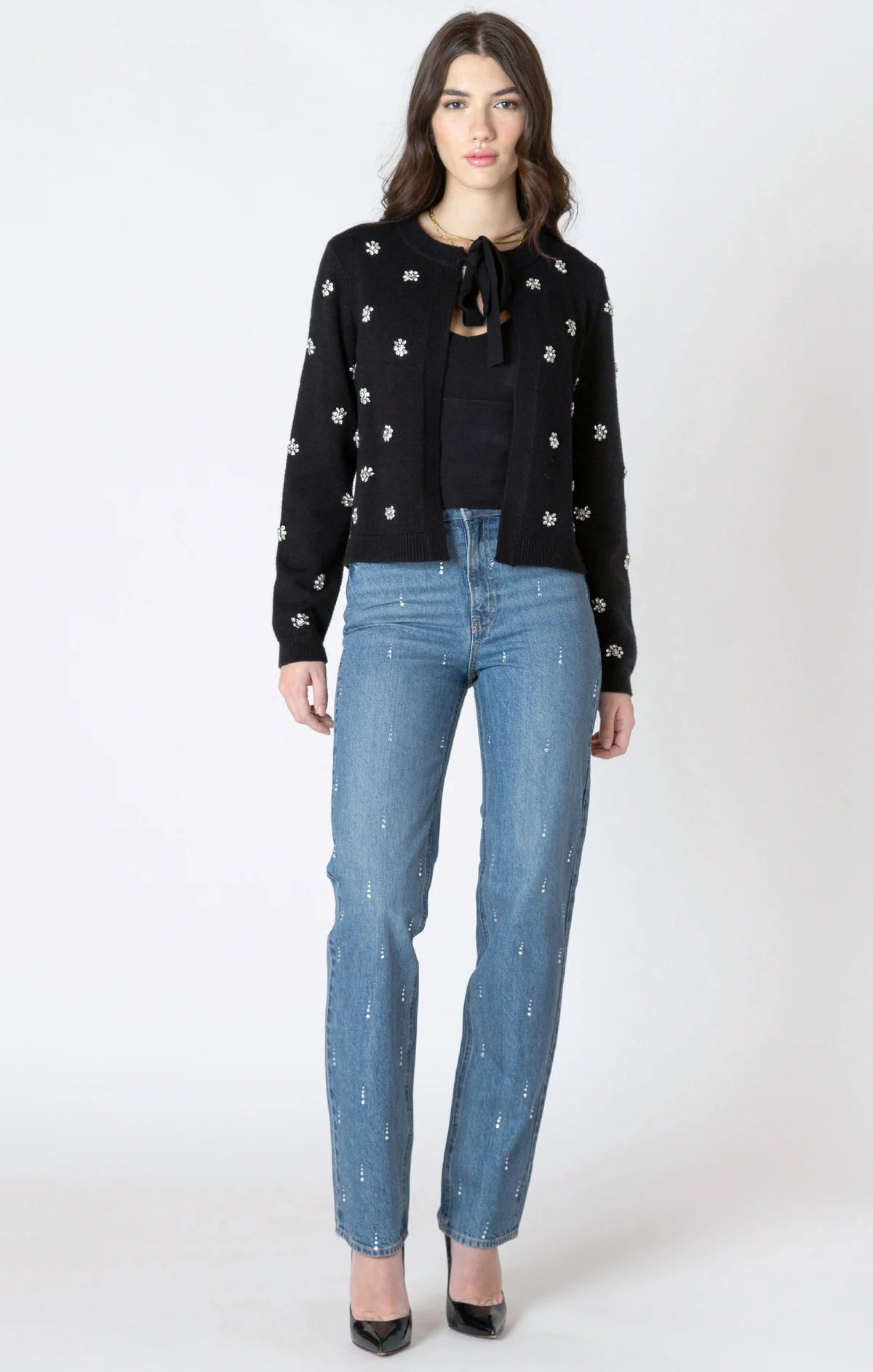 Ella Embellishment Tie Front Cardigan - Black