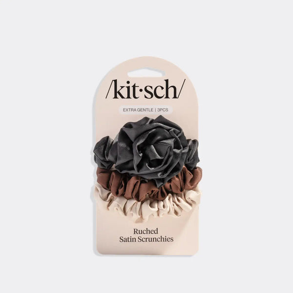 Rosette Ruched Satin Scrunchies 3 pc Set - Black