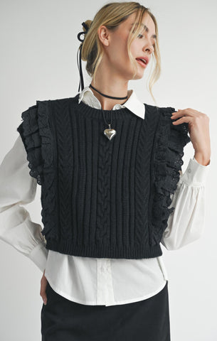 VICKI LACE RUFFLES SWEATER TANK- Black