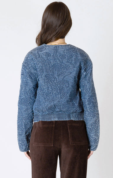 FINLEY FLORAL QUILTED BOMBER JACKET- washed indigo