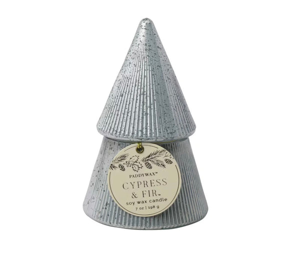 Cypress & Fir 7oz Silver Stacked Tree Candle