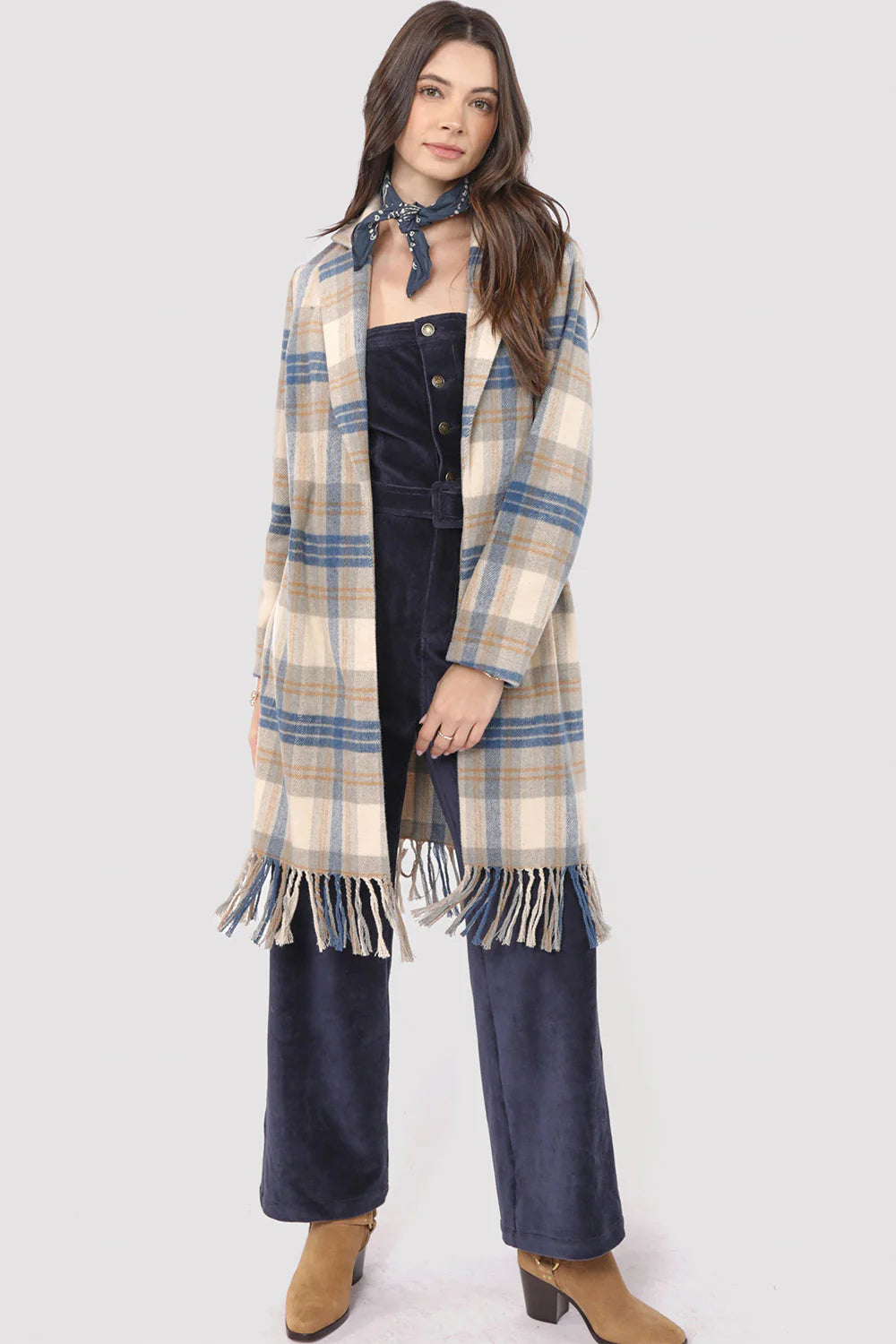 Not So Prim Plaid Coat - Beige Blue Multi