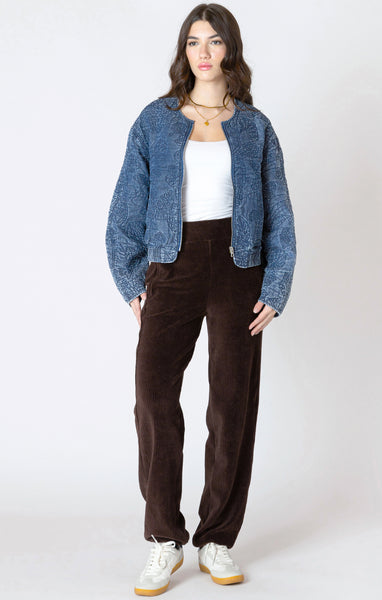 FINLEY FLORAL QUILTED BOMBER JACKET- washed indigo