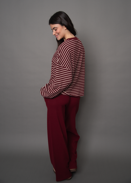 Colbert Striped Waffle Longsleeve Top - Deep Red