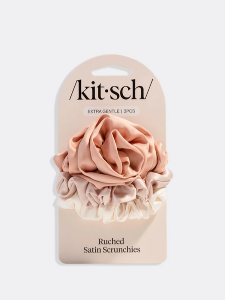 Rosette Ruched Satin Scrunchies 3pc Set - Terracotta
