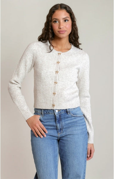 Charlotte Bow Button Cardigan - Ivory / Oat Heather