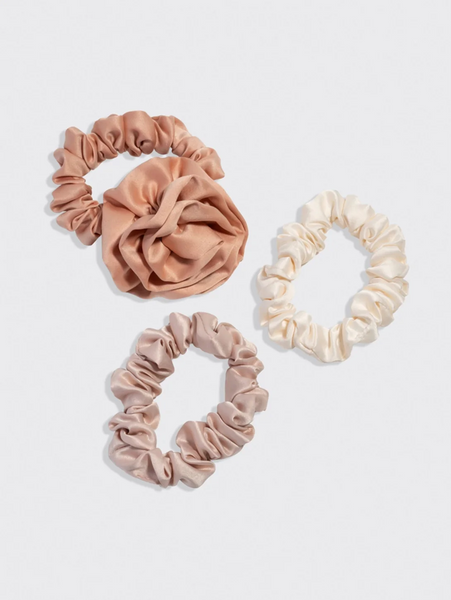 Rosette Ruched Satin Scrunchies 3pc Set - Terracotta