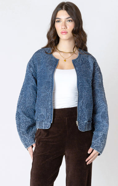 FINLEY FLORAL QUILTED BOMBER JACKET- washed indigo
