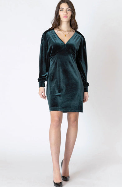Vienna V-Neck Velvet Mini Dress - Pine