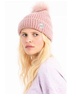 SEQUIN HEART AND POMPOM BEANIE- old pink