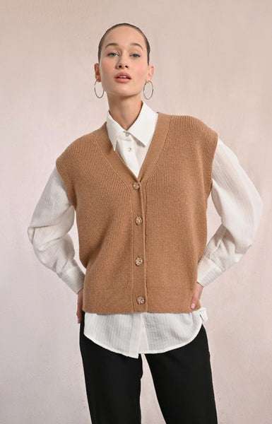 Leanna Knitted Sleveless Cardigan - Camel