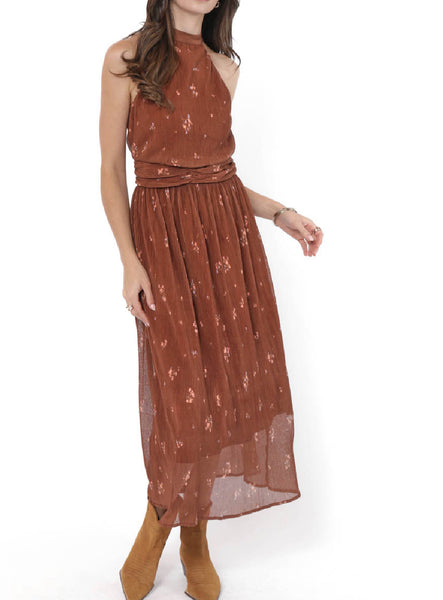 Last Dance Tieback Midi Dress - Brown Multi