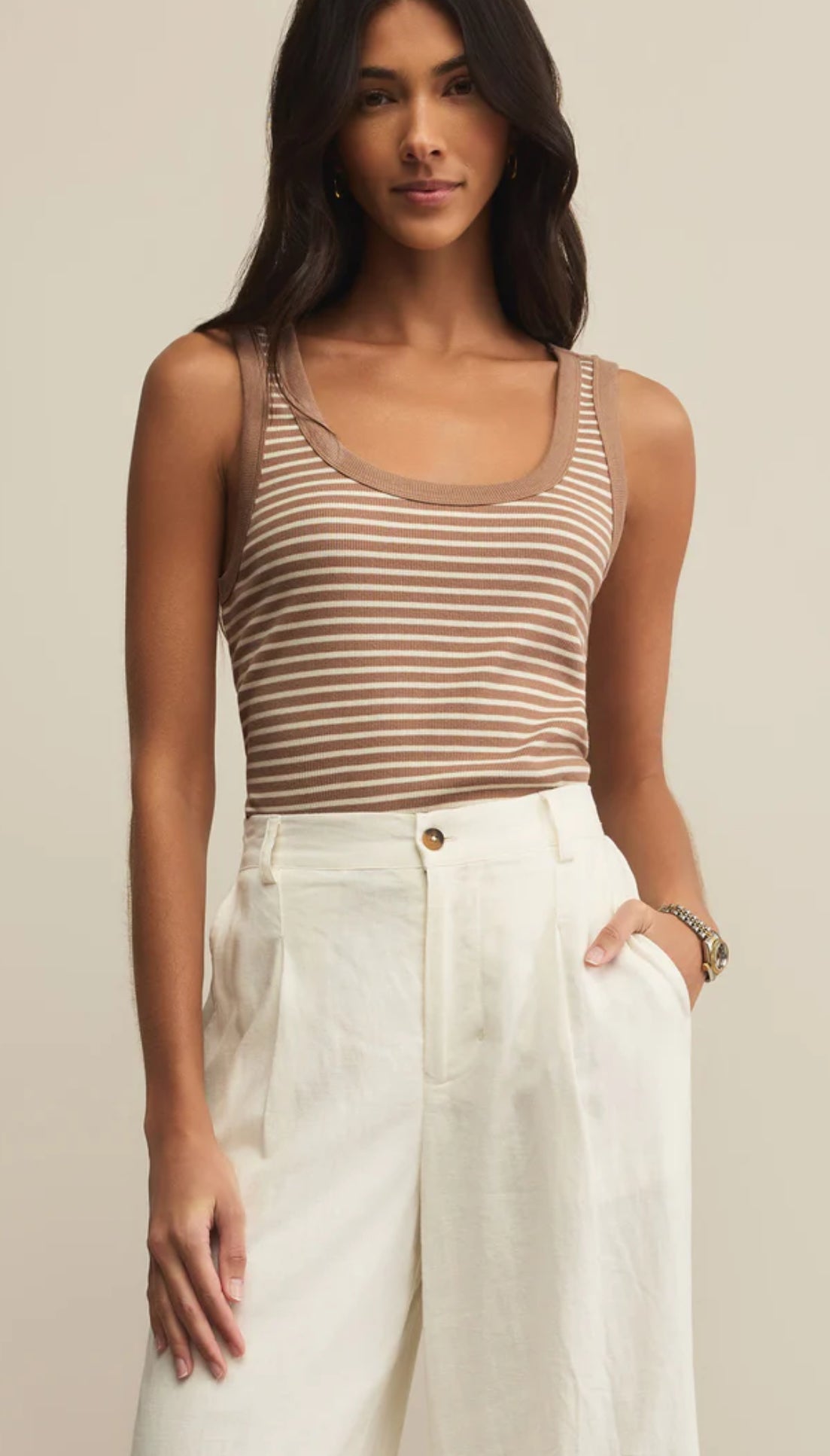 ELIN STRIPED RIB TANK - Iced Coffee
