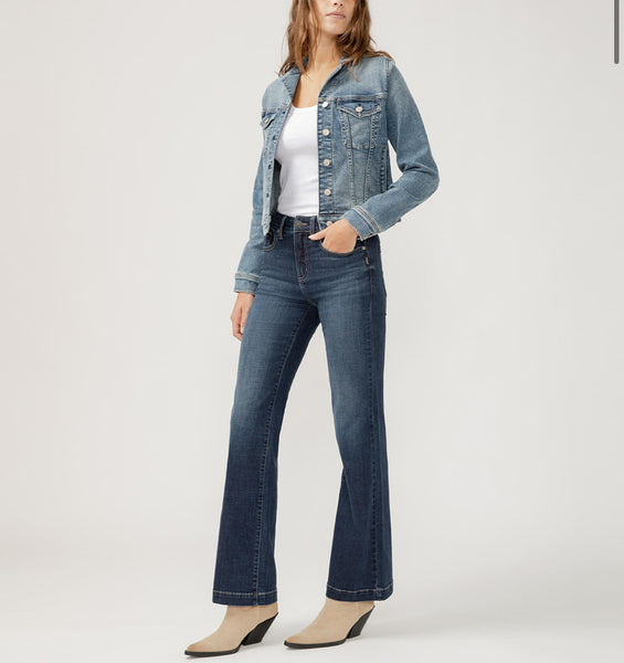 Notched Crop Jean Jacket- indigo mid