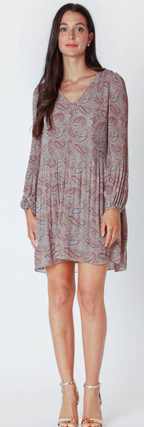 PORSHA Pleated A Line Dress - Neutral Paisley