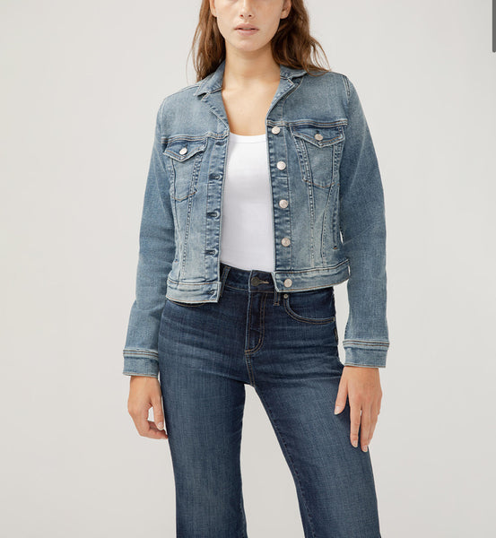 Notched Crop Jean Jacket- indigo mid