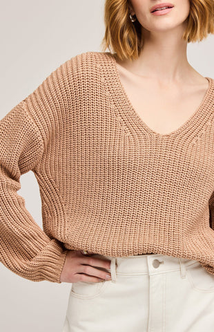 Spencer V-Neck Knit Sweater- Tan