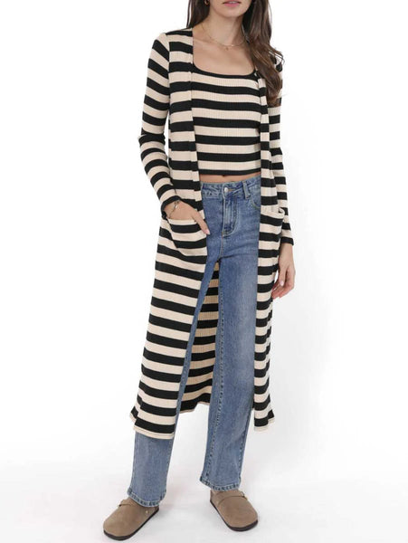 Soul Sisters Striped Rib Knit Long Cardi- Black Ivory