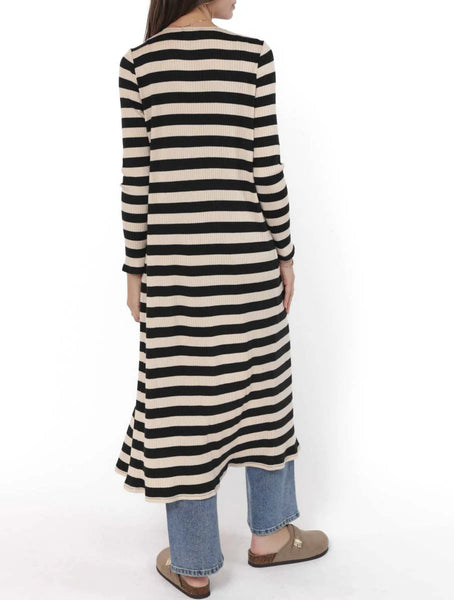 Soul Sisters Striped Rib Knit Long Cardi- Black Ivory