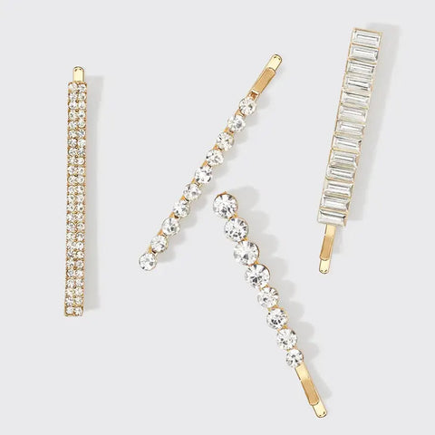Metal Rhinestone Assorted Bobby Pin 4pc Set - Gold