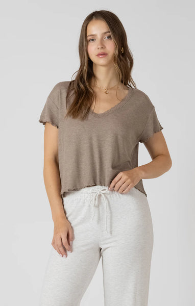 Elle Lace Trim Waffle Top - Mocha Heather