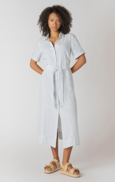 Bree Belted Shirt Dress - White/Blue Wash Stripes