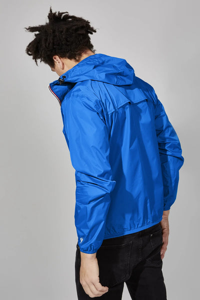 Royal blue full zip packable rain jacket and windbreaker