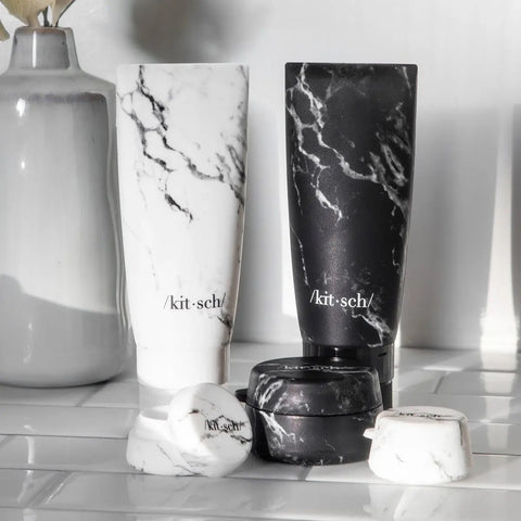 Refillable Silicone Bottle 2PC Set - Black & White Marble