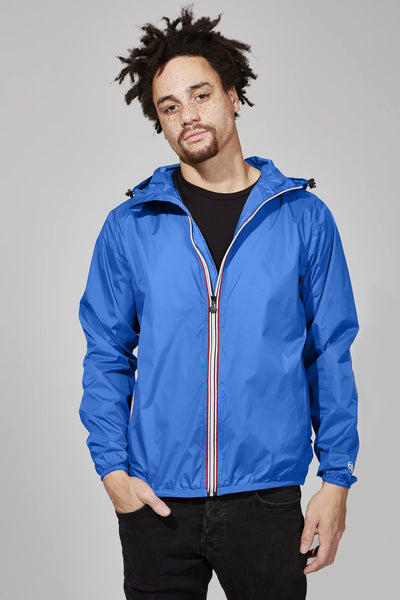 Royal blue full zip packable rain jacket and windbreaker
