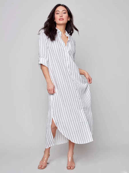 Striped Long Linen Duster Dress - Grey