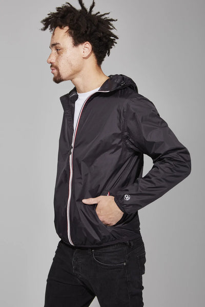 Black full zip packable rain jacket and windbreaker