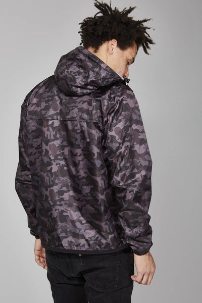 Black camo full zip packable rain jacket and windbreaker